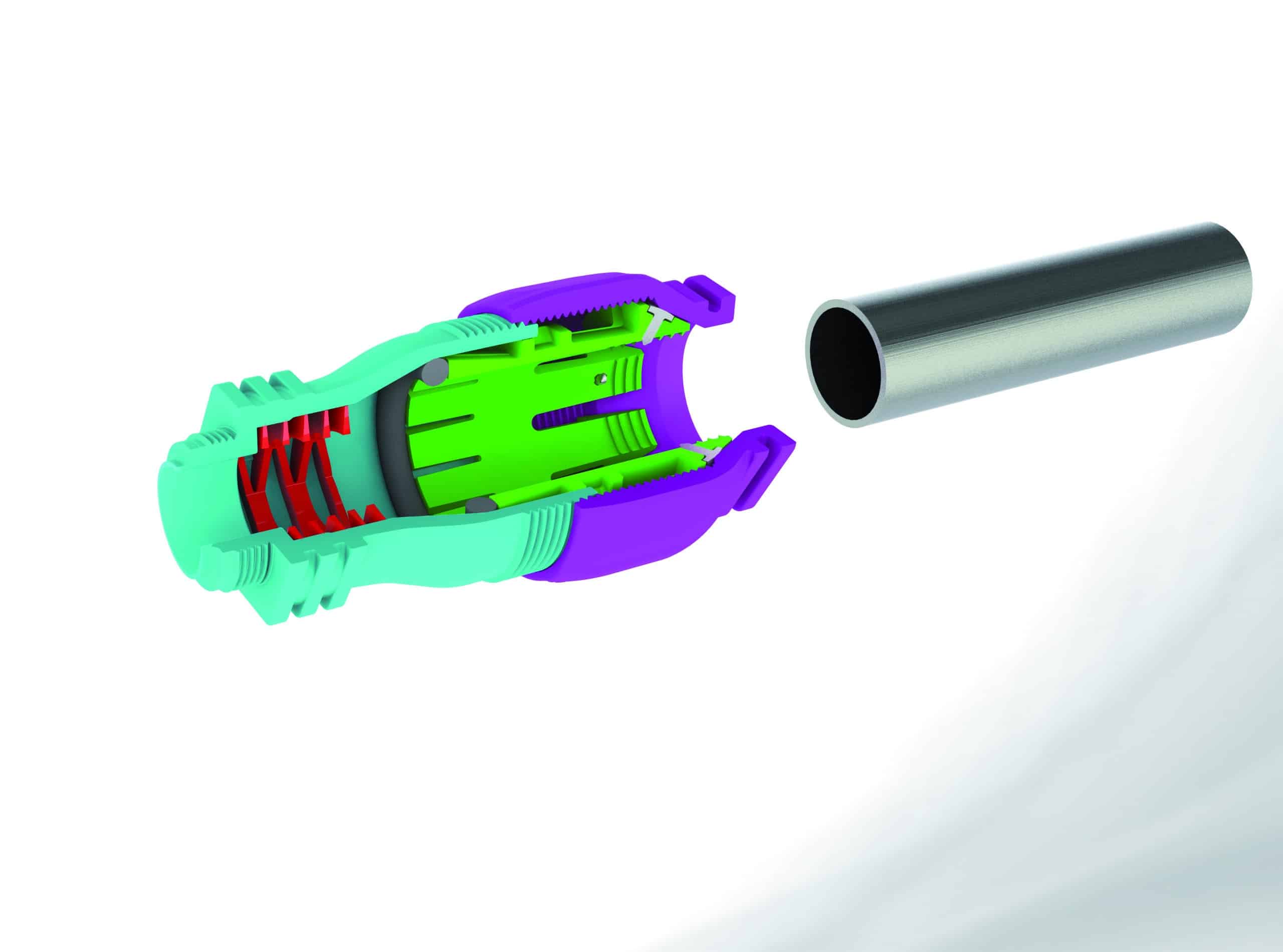 Cross-section of a colorful plastic mechanical device with neon green, purple, and teal parts extending toward a gray cylindrical barrel to the right.
