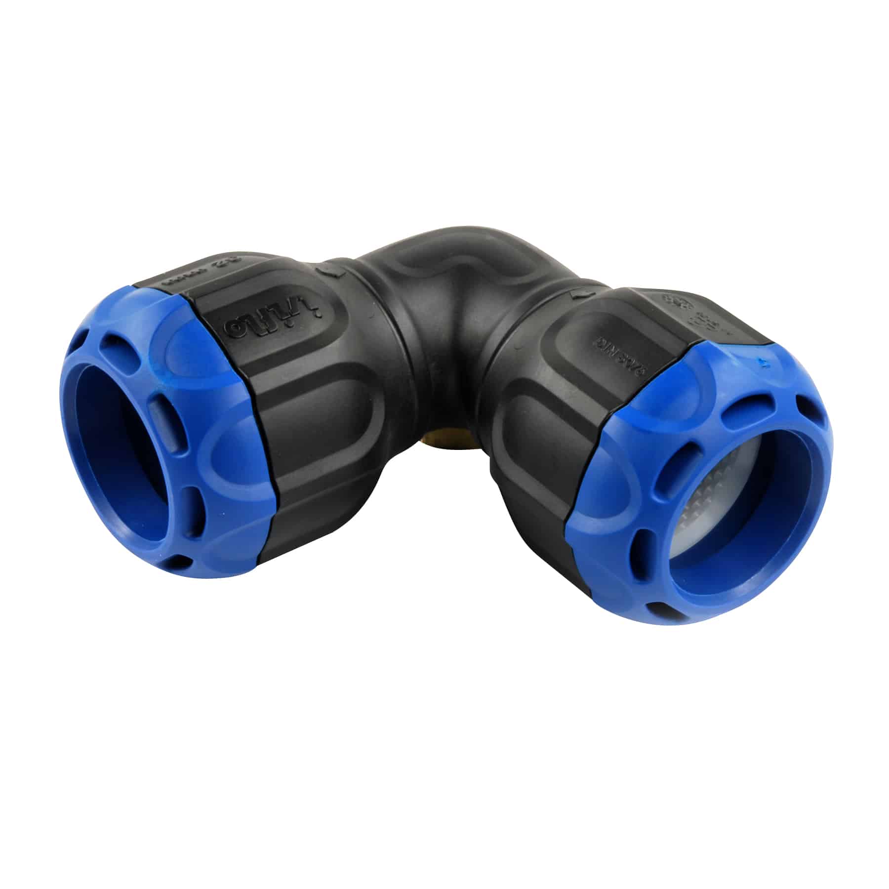 Close-up of blue and black modular tubing connectors joined at a right-angle elbow, part of a construction toy system.