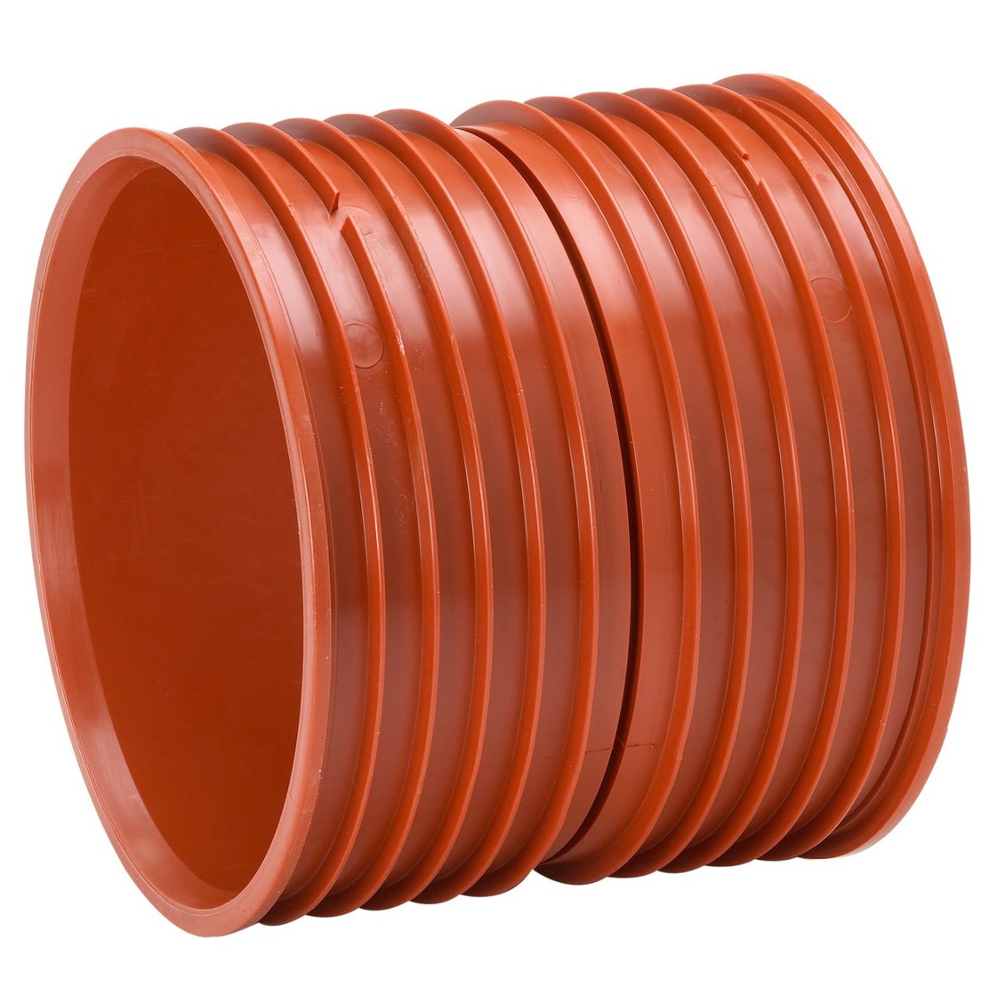 Orange corrugated plastic drain pipe viewed from the side, showing multiple ridges and a hollow interior.