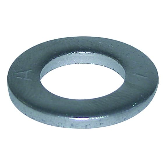 Flat metal washer with central hole, viewed at an angle.
