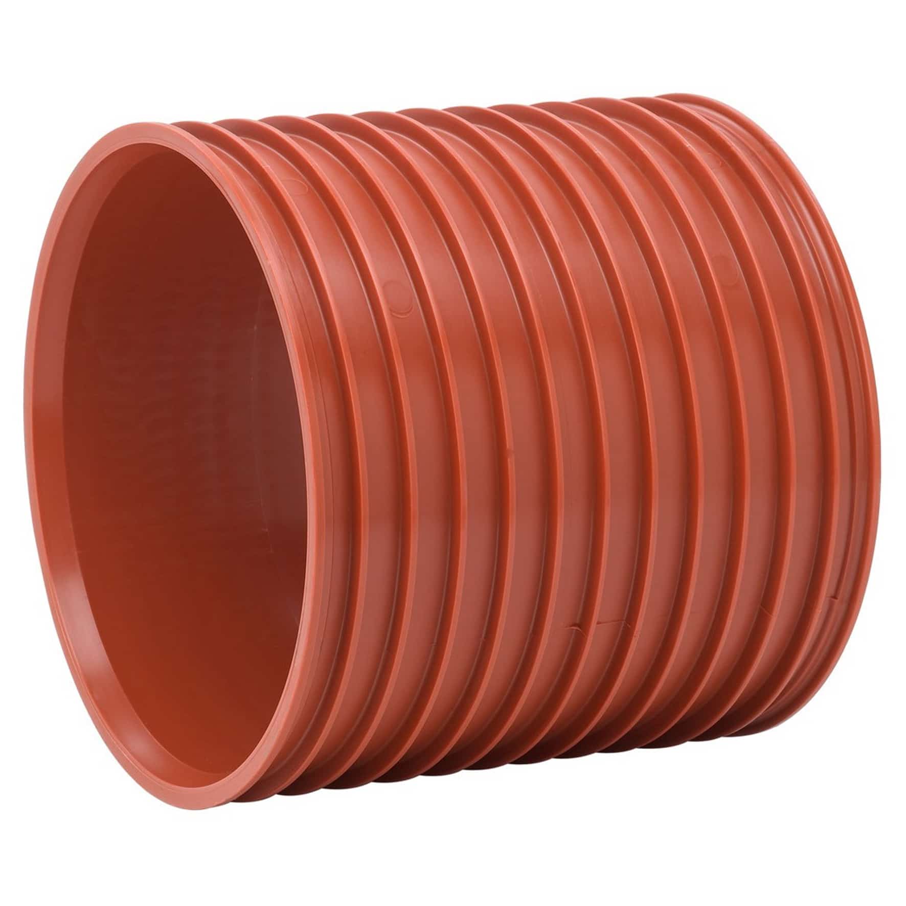 Red corrugated plastic pipe end viewed from the side, showing its hollow interior and ribbed exterior.
