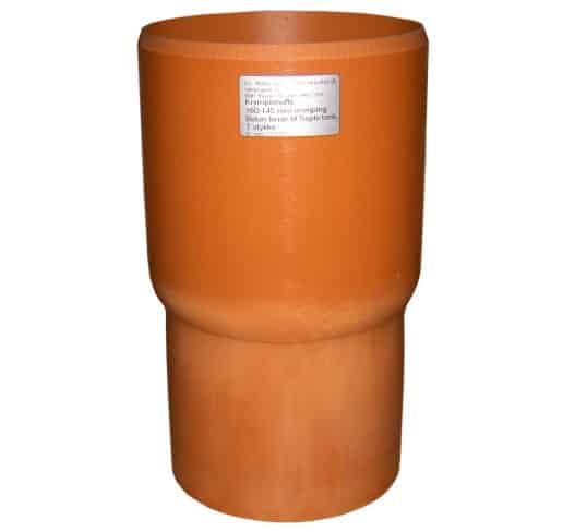Orange cylindrical pipe fitting with a wide top opening and a seam around the middle; features a small label on the side.