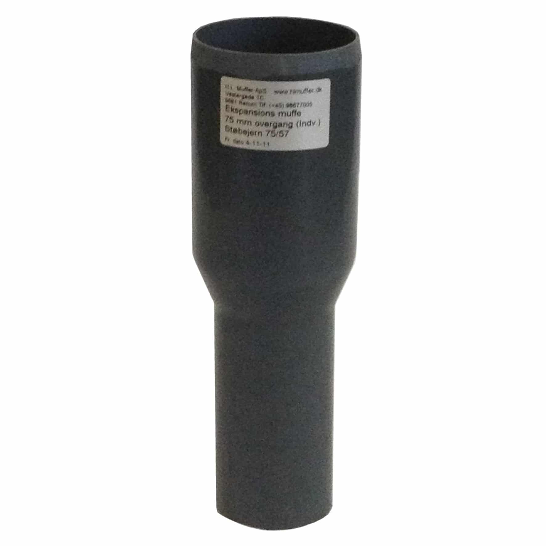 Close-up of a black cylindrical rubber pipe with a small white label affixed to its side.
