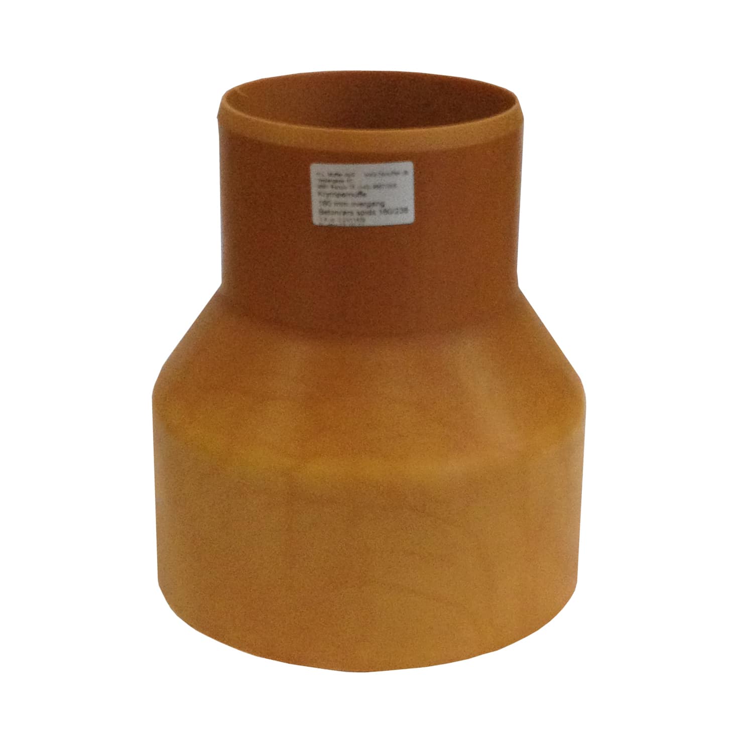Brown ceramic vase with a short, wide base and narrow neck; small white label on the neck.