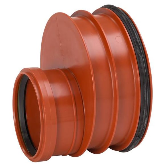 Orange PVC pipe coupling with a black rubber gasket, used to connect and seal two sections of pipe