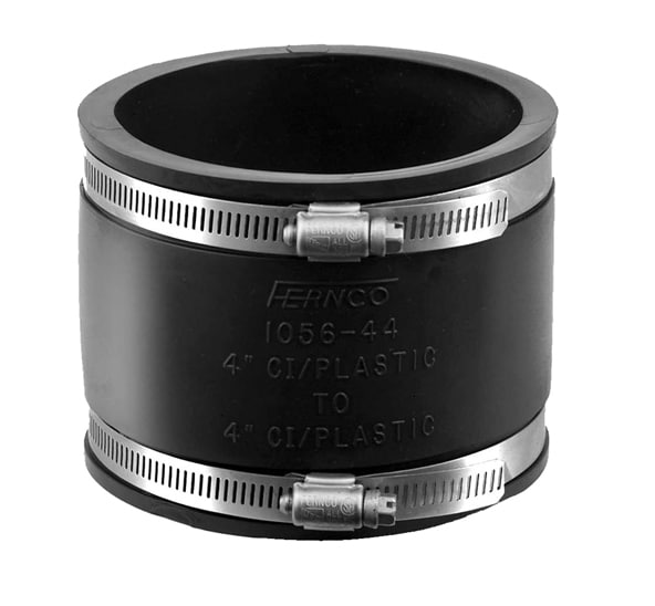 Fernco 4-inch CI/Plastic to 4-inch CI/Plastic flexible pipe coupling with two metal hose clamps