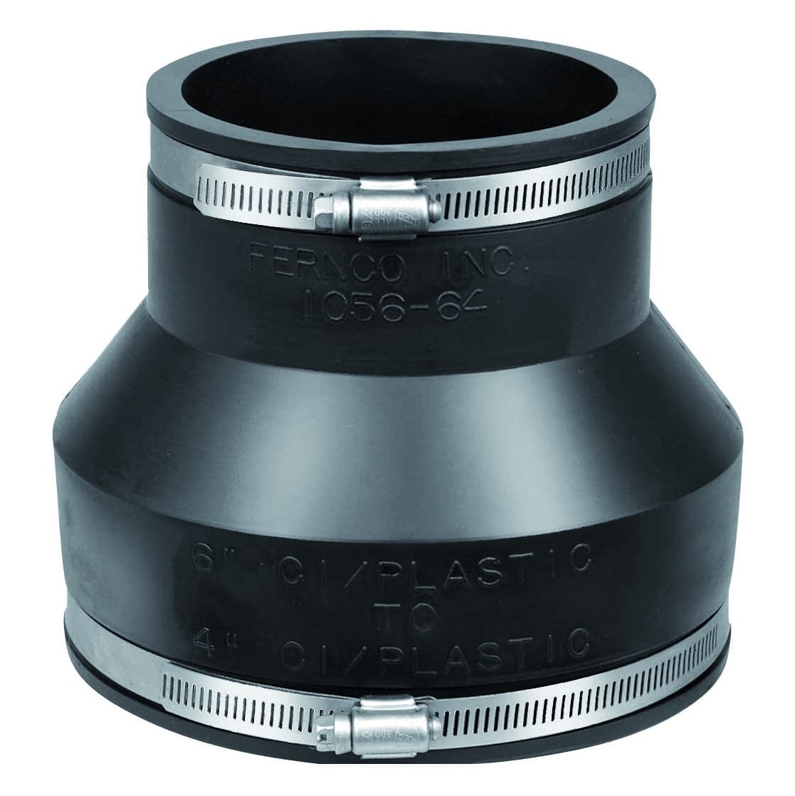 Plastic pipe reducer coupling with two metal hose clamps for joining different pipe sizes (6" to 4" plastic)