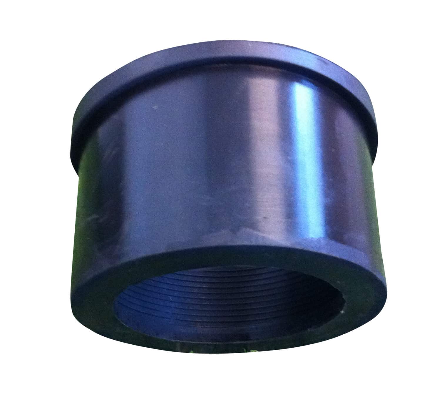 Close-up of a blue metal pipe fitting with visible internal threads at the opening.