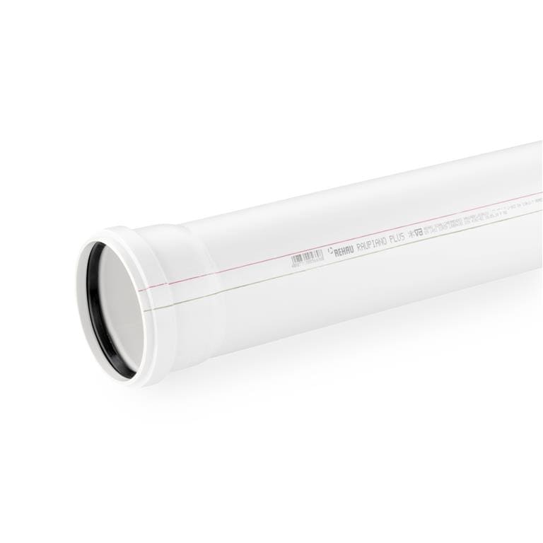 White PVC pipe with a black gasket end, lying diagonally, showing a red guide line and labeling along its length (drain/vent pipe component).