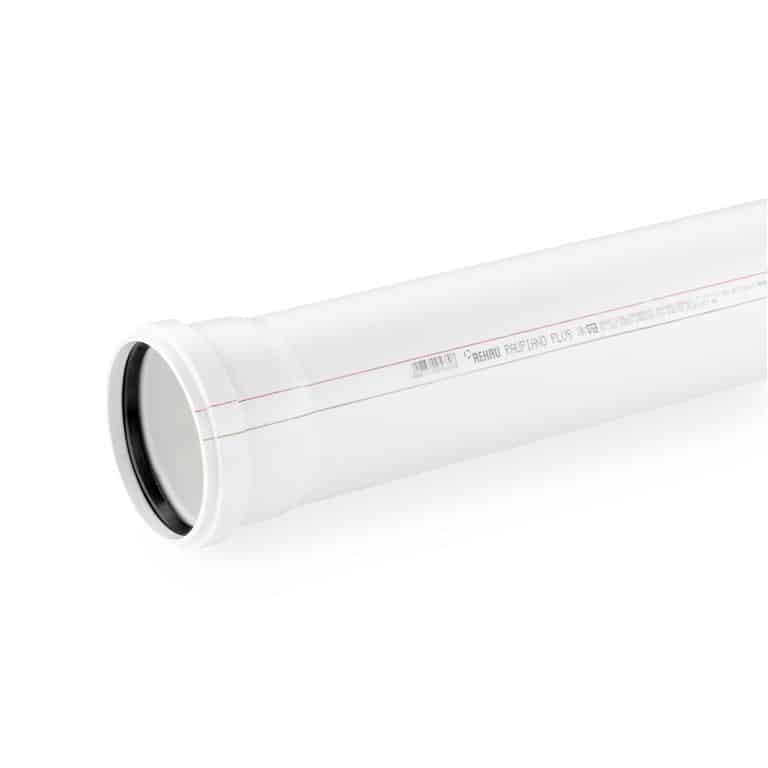 White PVC plumbing pipe with a black rubber gasket at the end, diagonally placed on a white background