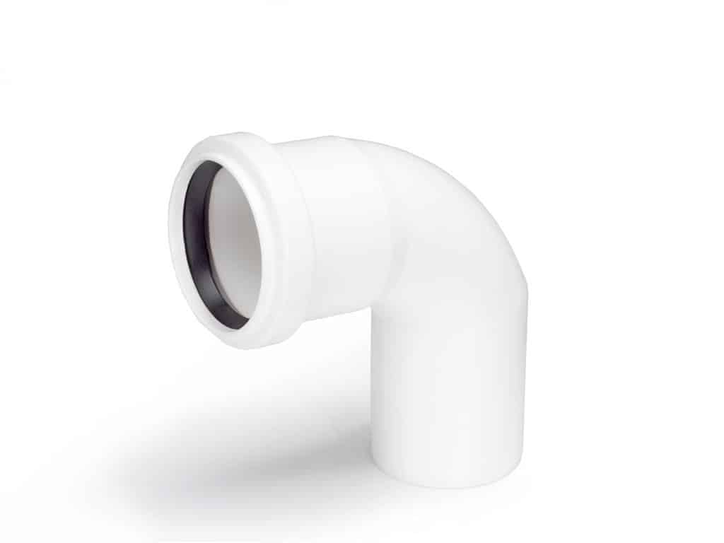 White PVC 90-degree elbow pipe fitting viewed from the side against a white background.