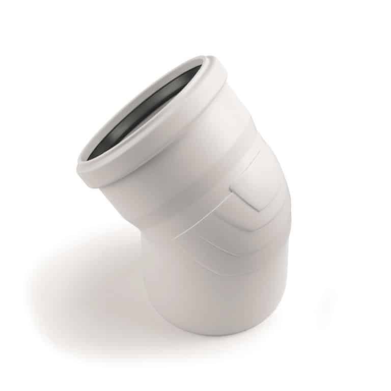 White plastic 90-degree PVC pipe elbow fitting, angled for plumbing use
