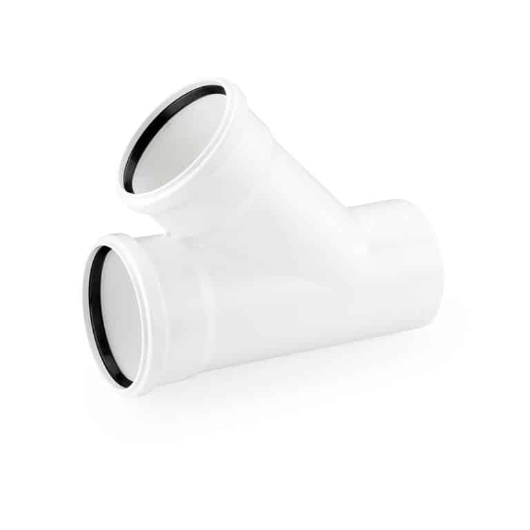 White PVC Y-shaped three-way pipe fitting with two inlets and one outlet for plumbing