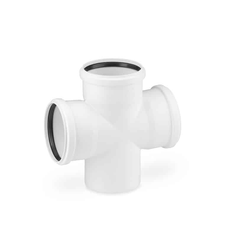 White PVC tee fitting with three open ends and rubber gaskets for pipe connections (plumbing)