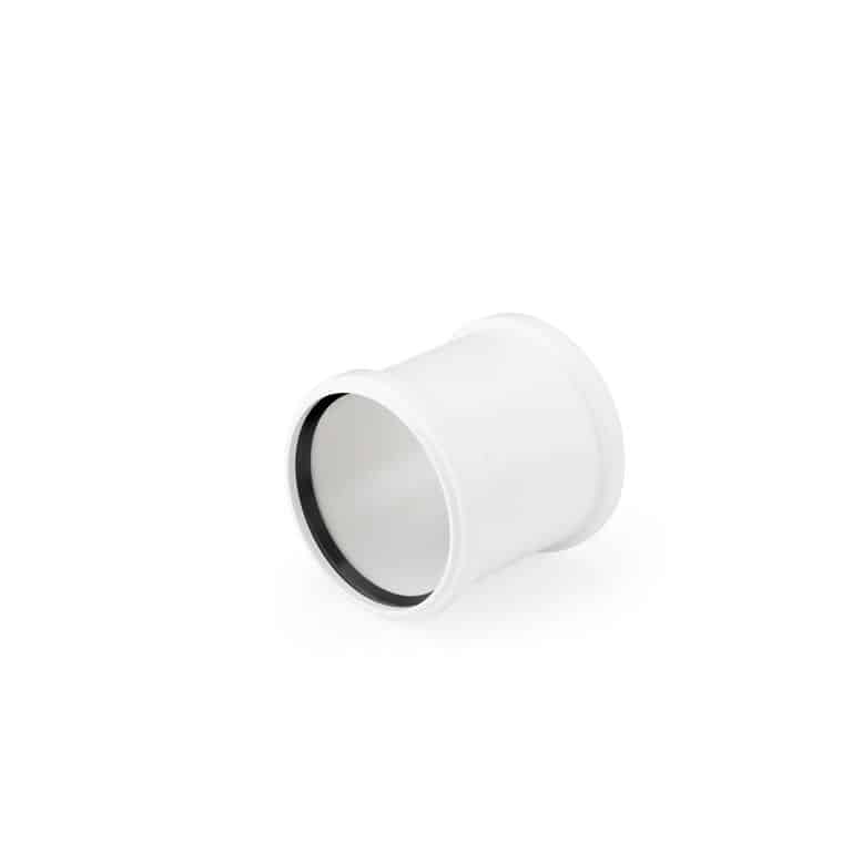 White PVC pipe coupling with a dark inner gasket resting on a white background, angled to show the joint edge.