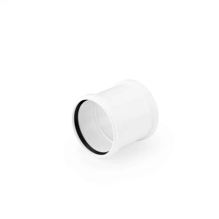 White PVC pipe coupling with a black rubber gasket, shown at an angle for plumbing use.