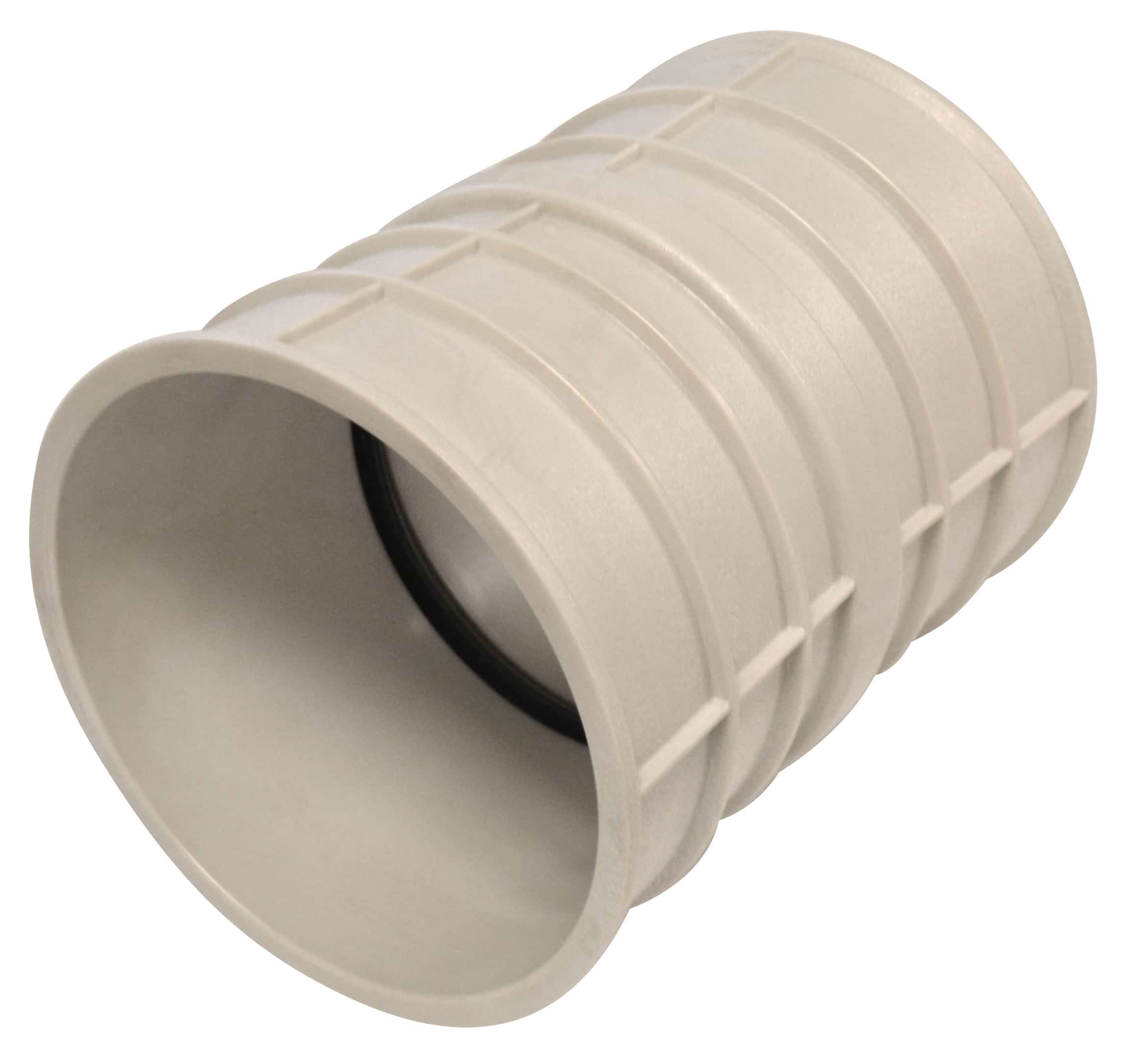 Close-up of a gray plastic pipe coupling with ridged exterior, angled to the right.