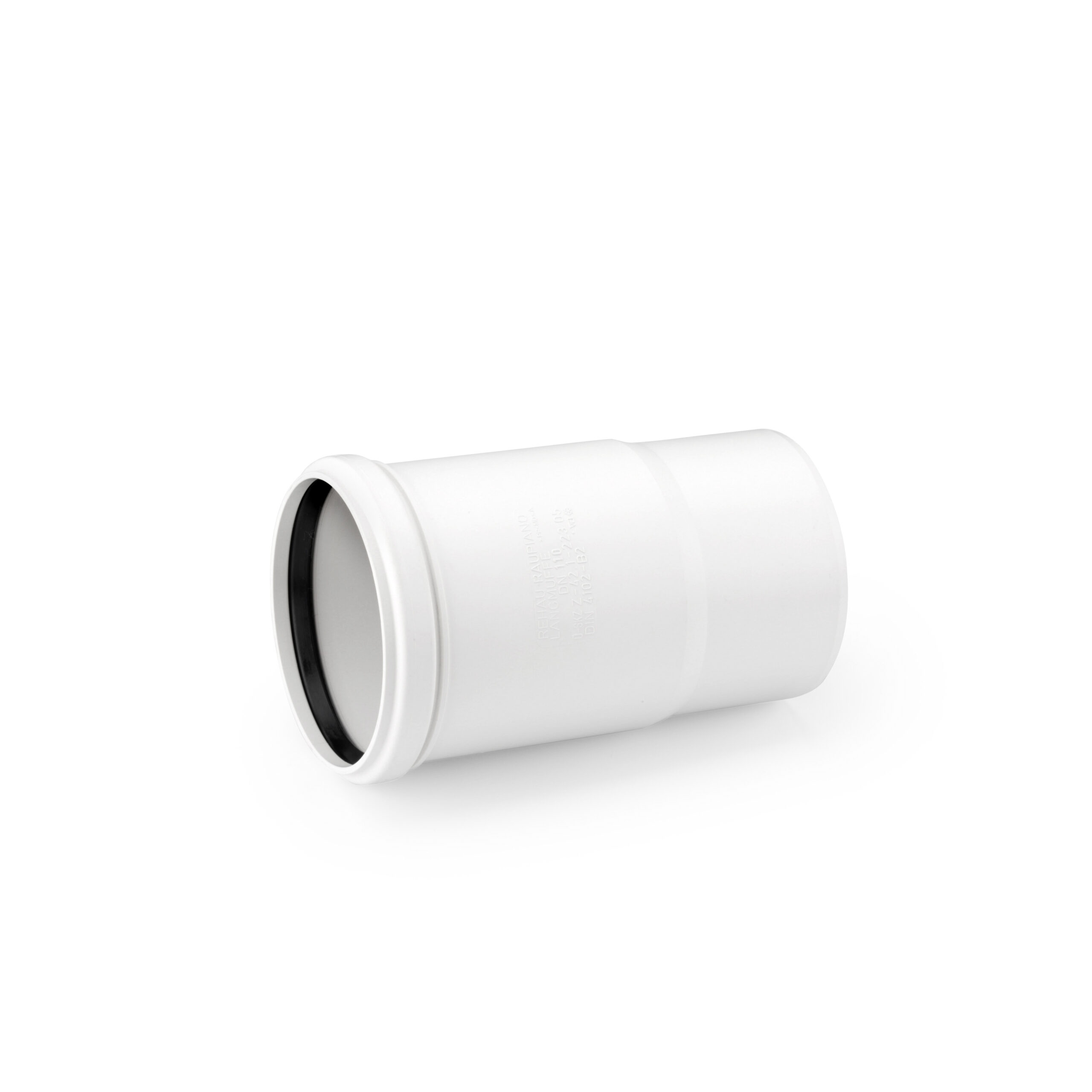White PVC pipe coupling with a black rubber gasket, shown at an angle; used to join two sections of PVC pipe.