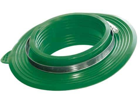 Green garden hose neatly coiled in a circular reel on a white background, with a metal band securing the coil for storage.