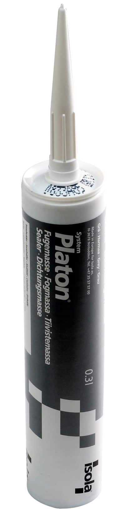 White syringe-style cartridge with a tall dispensing nozzle labeled 'Platon System' for Isolab dental material.