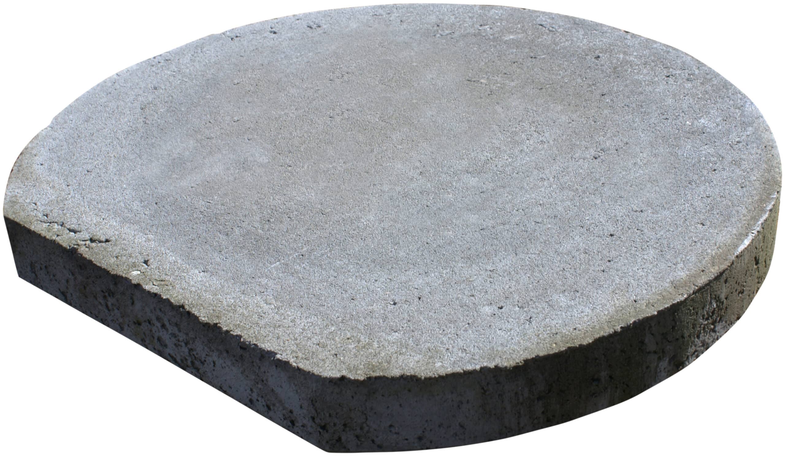Large round concrete stepping stone with a rough gray surface viewed from above; weathered texture appears on the surface and edges.