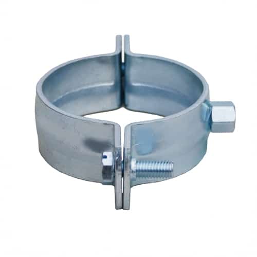 Split metal hose/pipe clamp with bolt and nut used to secure a circular tube or hose around a pipe area.