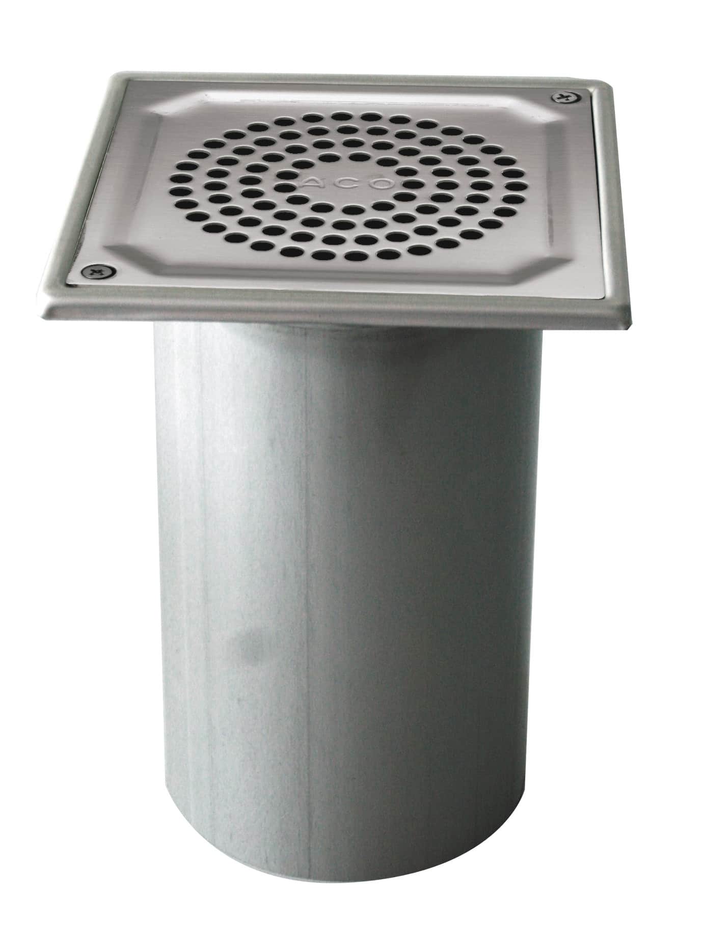 Stainless steel floor drain cover with circular perforations mounted on a cylindrical metal post/column
