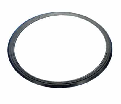 Circular metal ring with beveled inner and outer edges on a white background, viewed at an angle.