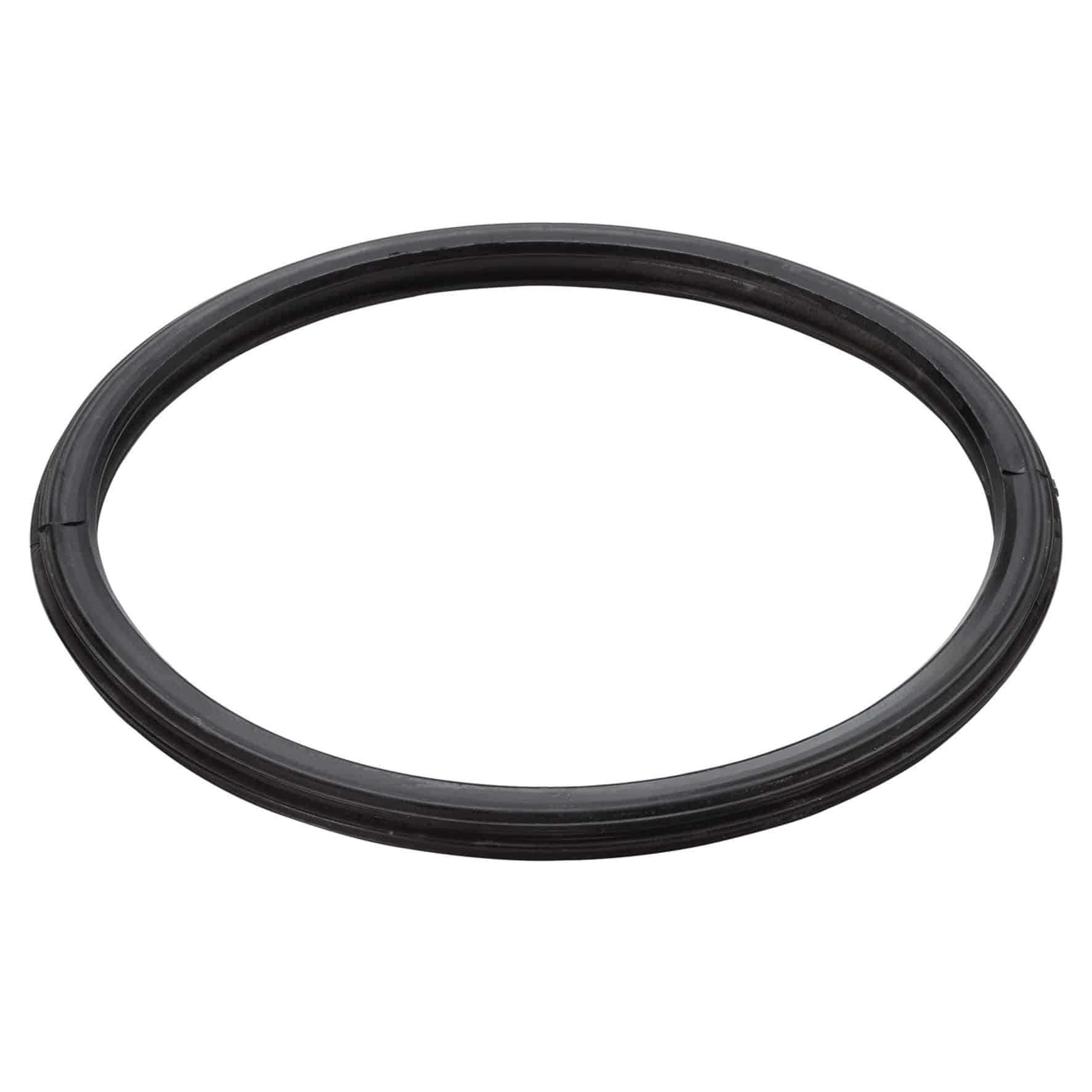 Black rubber O-ring/gasket forming a circular seal, shown close-up with grooved outer edge