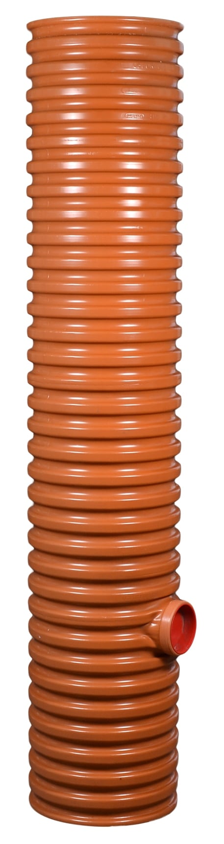 Tall orange corrugated plastic drainage pipe with a red side outlet near the bottom.