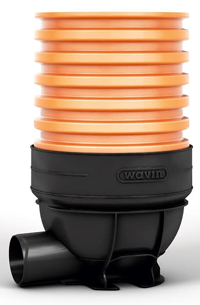 Submersible pump with an orange corrugated hose coiled around the top.