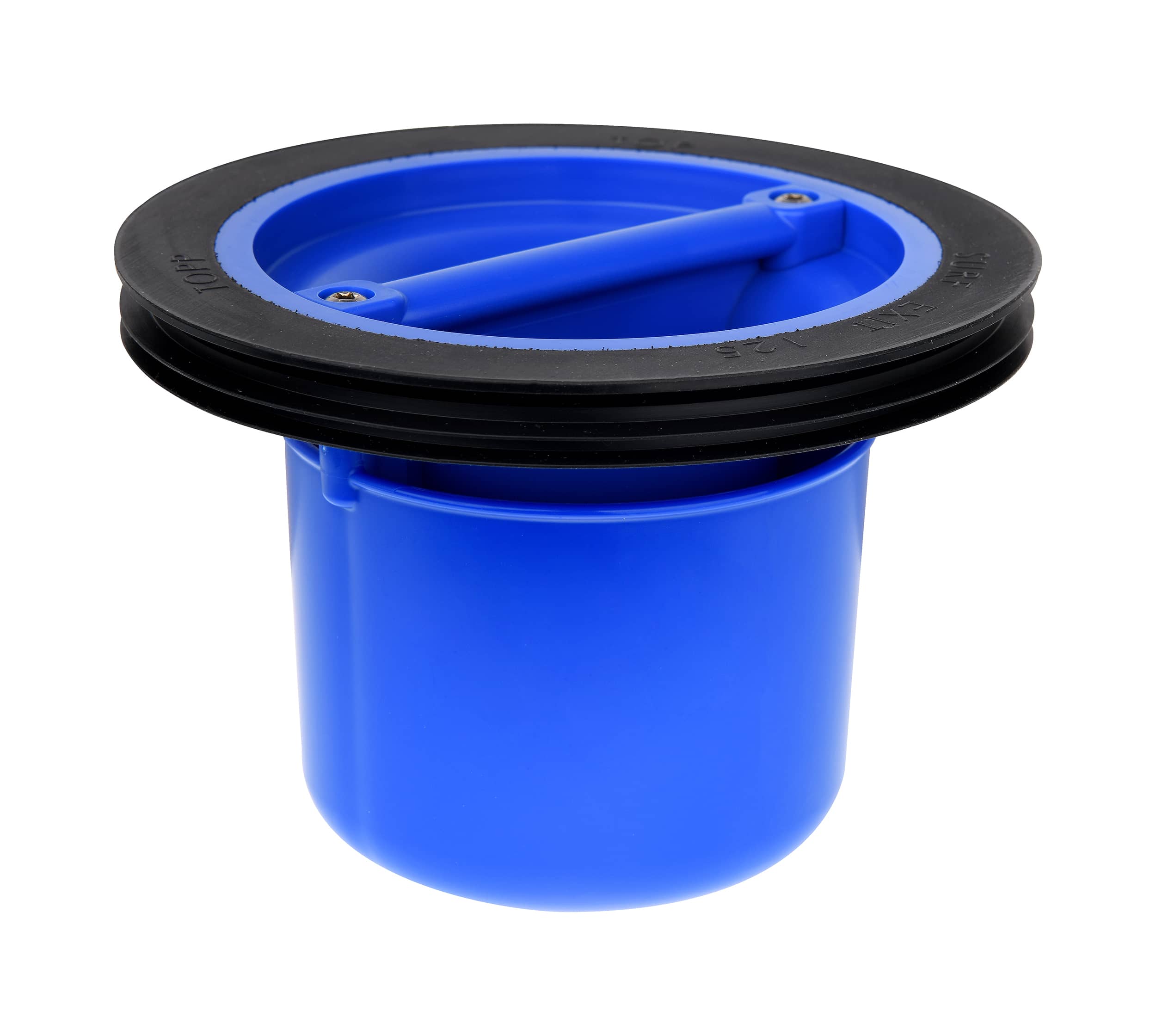 Close-up of a blue plastic container lid with a black outer ring and blue inner insert.