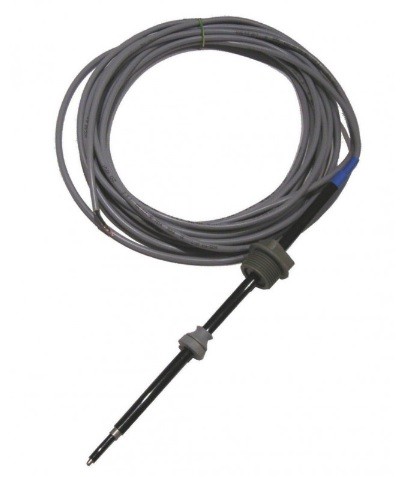 Temperature probe with a long coiled gray cable and a sensor tip at the end of a black rod, used for temperature measurement in industrial settings.