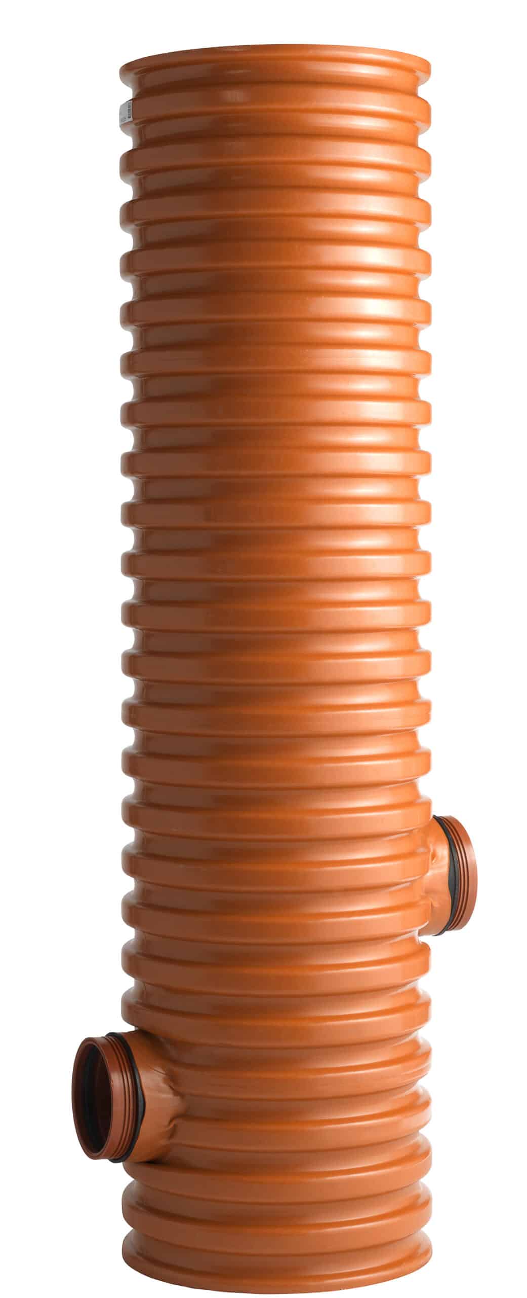 Orange corrugated plastic ventilation duct with two circular side fittings/branch connections area at mid and bottom (standing upright).