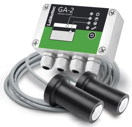 Labotek GA-2 grease alarm controller with two sensor probes and attached cables