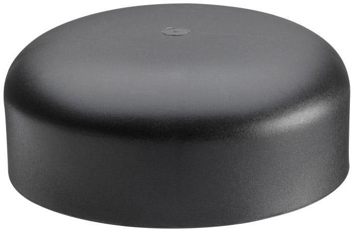 Round black plastic cap viewed from the side, smooth and matte with a small center mark on top.