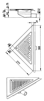 Triangular perforated panel with inner dotted grid and surrounding frame, shown in top, side, and isometric views with mounting features and dimensions.