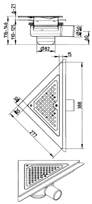 Triangular wall-mounted loudspeaker with perforated front grille and mounting bracket, shown with dimensions.