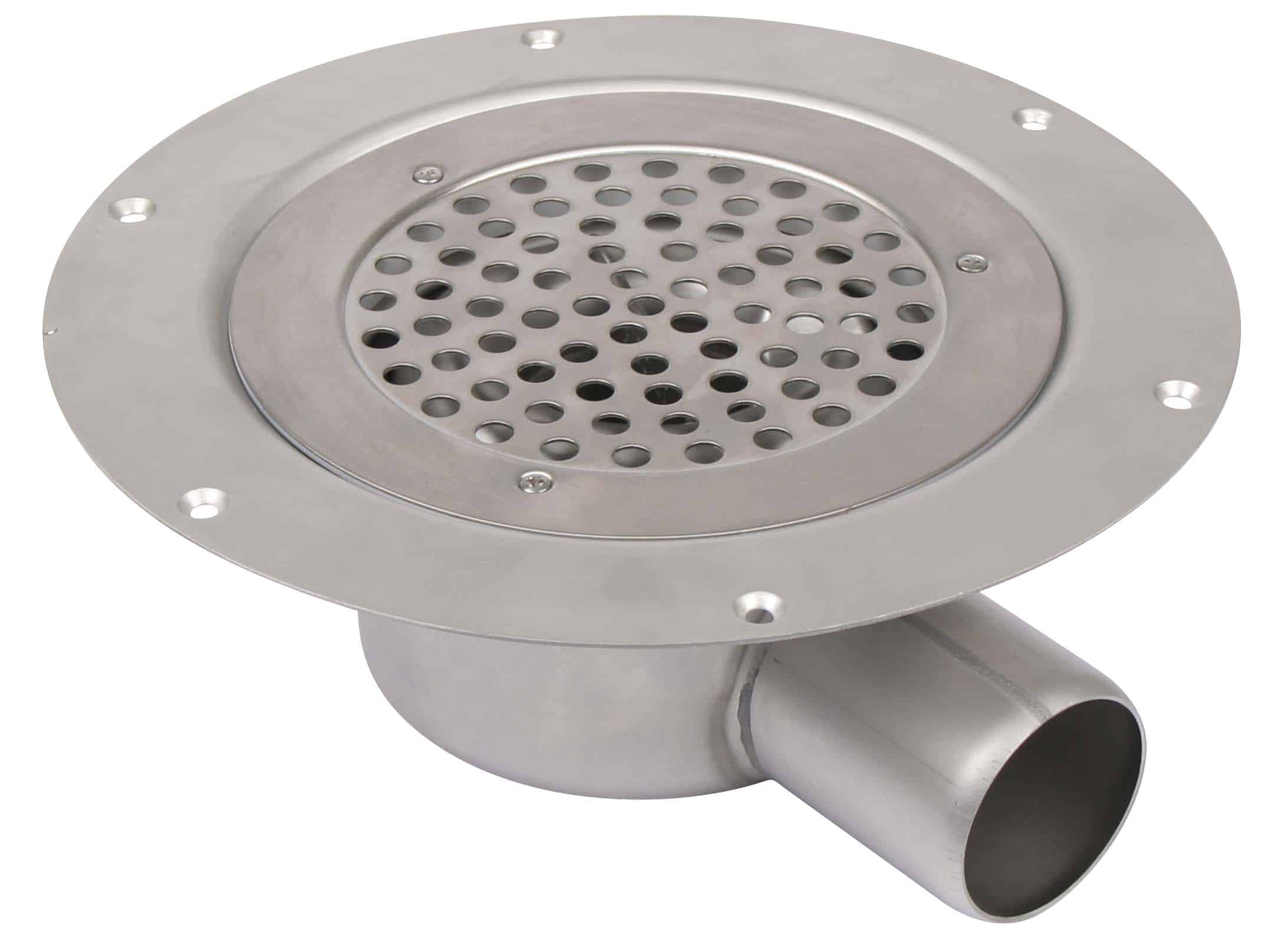 Circular stainless steel floor drain with perforated strainer and mounting flange