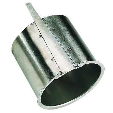 Galvanized metal duct connector with a mounting tab on a white background.