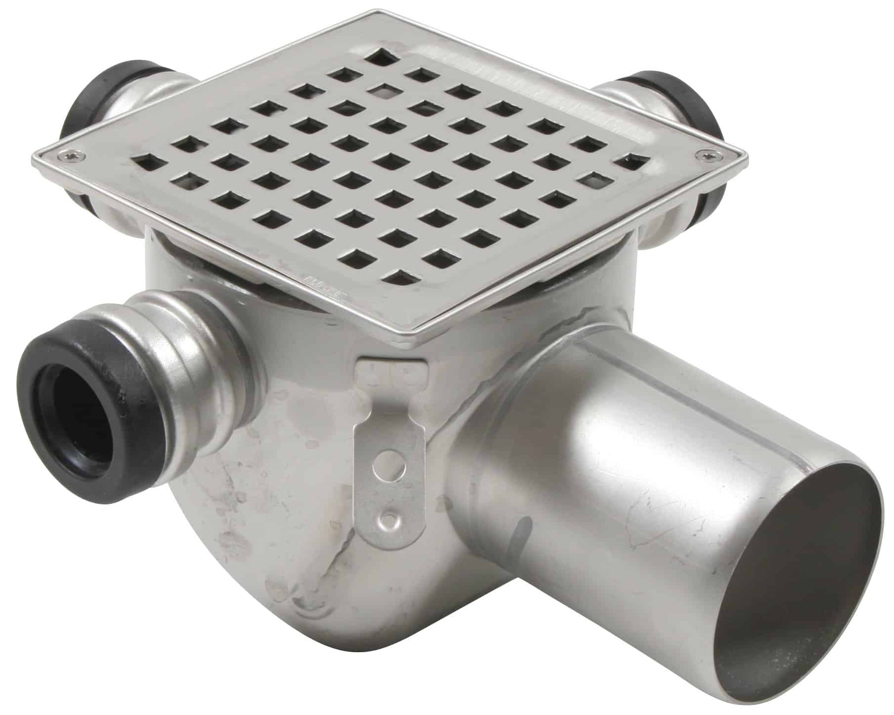 Shiny metal floor drain with a perforated square grate and two round pipe connections on each side