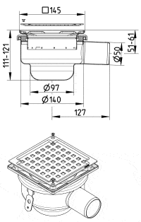 Technical drawing of a floor drain with a square grate (145 mm wide) on top, side inlet, and a round outlet pipe; key dimensions include inner hole Ø97 mm, outer pipe Ø140 mm, and overall height about 127 mm.