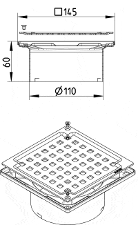 Floor drain with square frame and perforated grid; side view shows 60 mm height and Ø110 mm outlet area.
