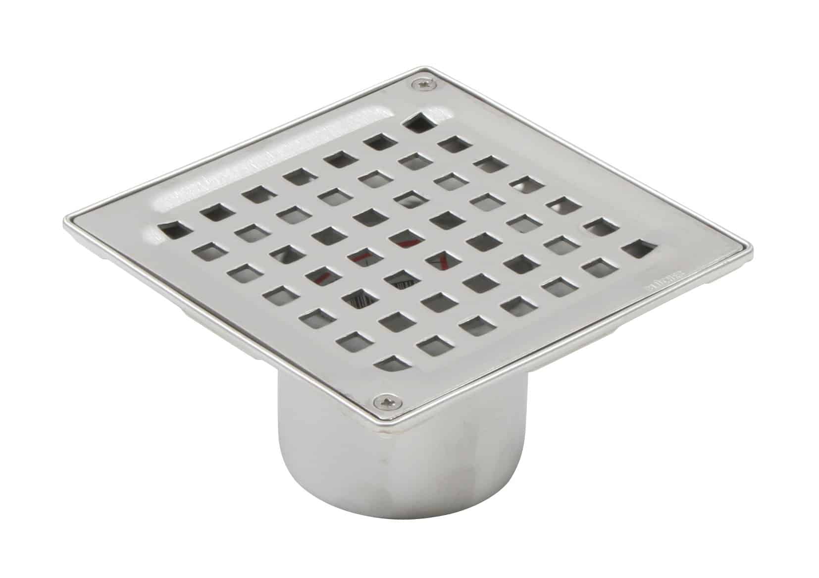 Stainless steel square floor drain grate with a grid of square holes over a rounded pipe outlet beneath