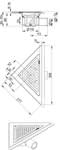 Technical drawing showing multiple views of a triangular, wedge-shaped component with dimensions and callouts (orthographic and isometric views).