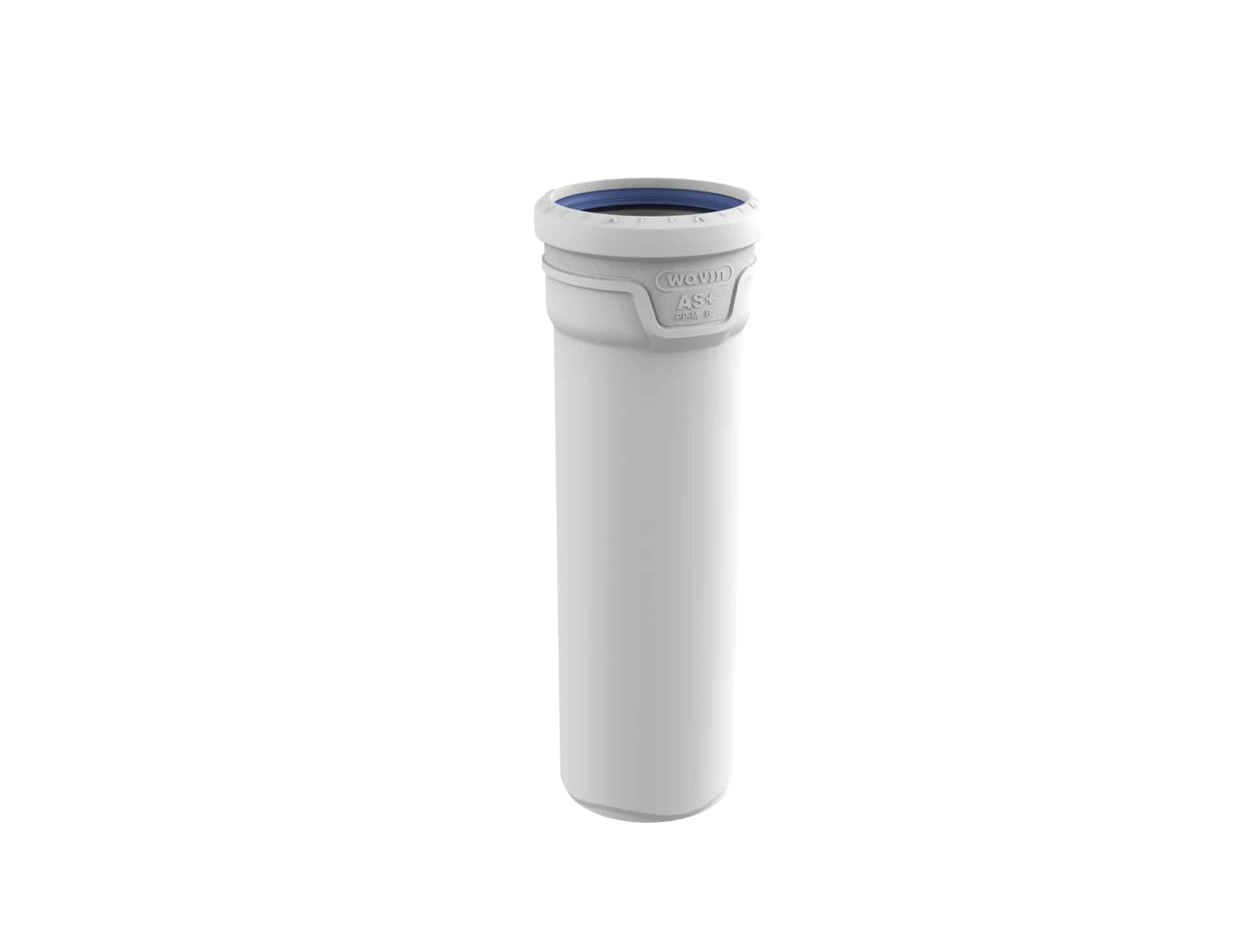 White cylindrical pipe end with a blue gasket inside a white locking collar at the top.