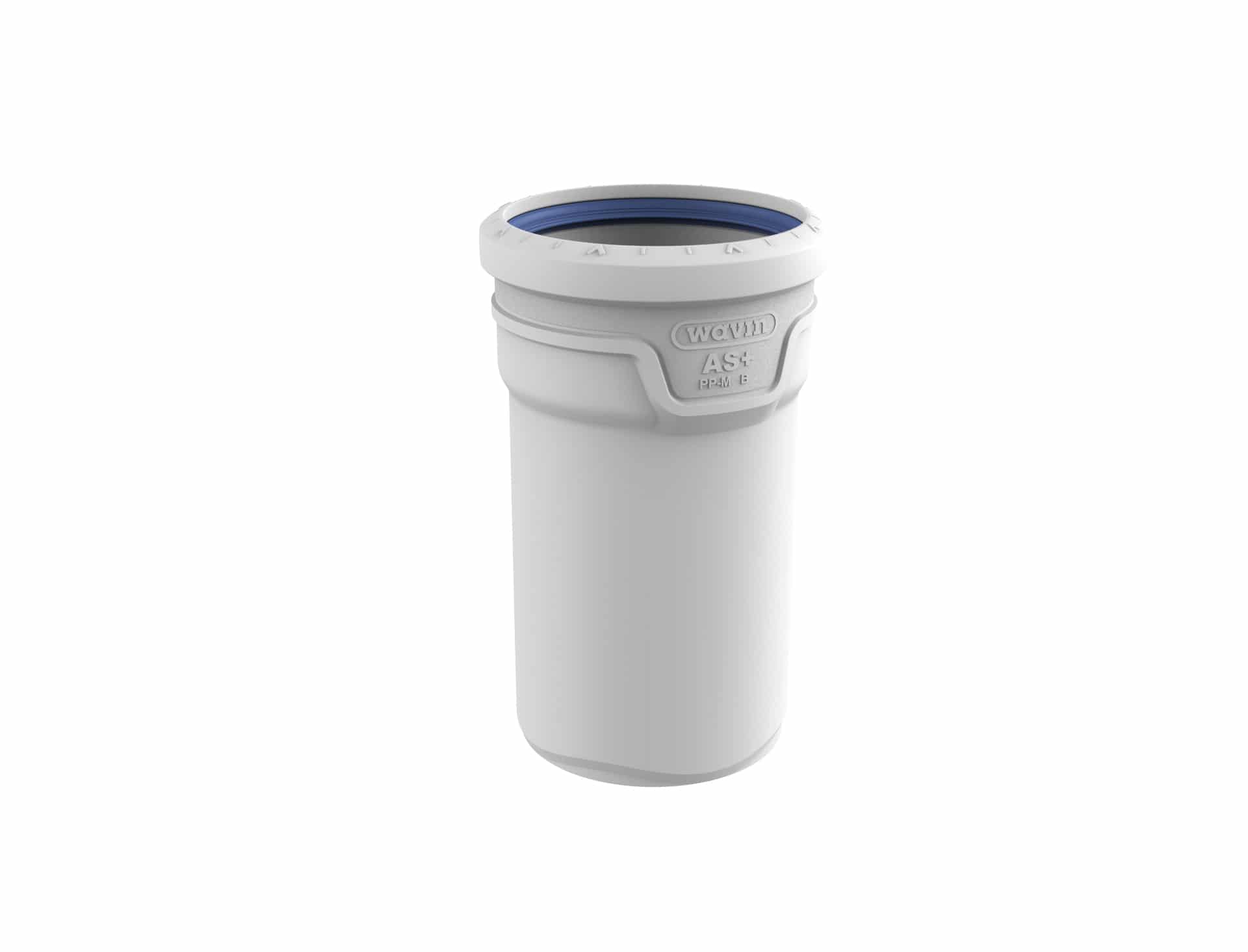 Top view of a white cylindrical pipe with a blue inner ring and a screw-on cap, embossed with 'wavin AS+'.