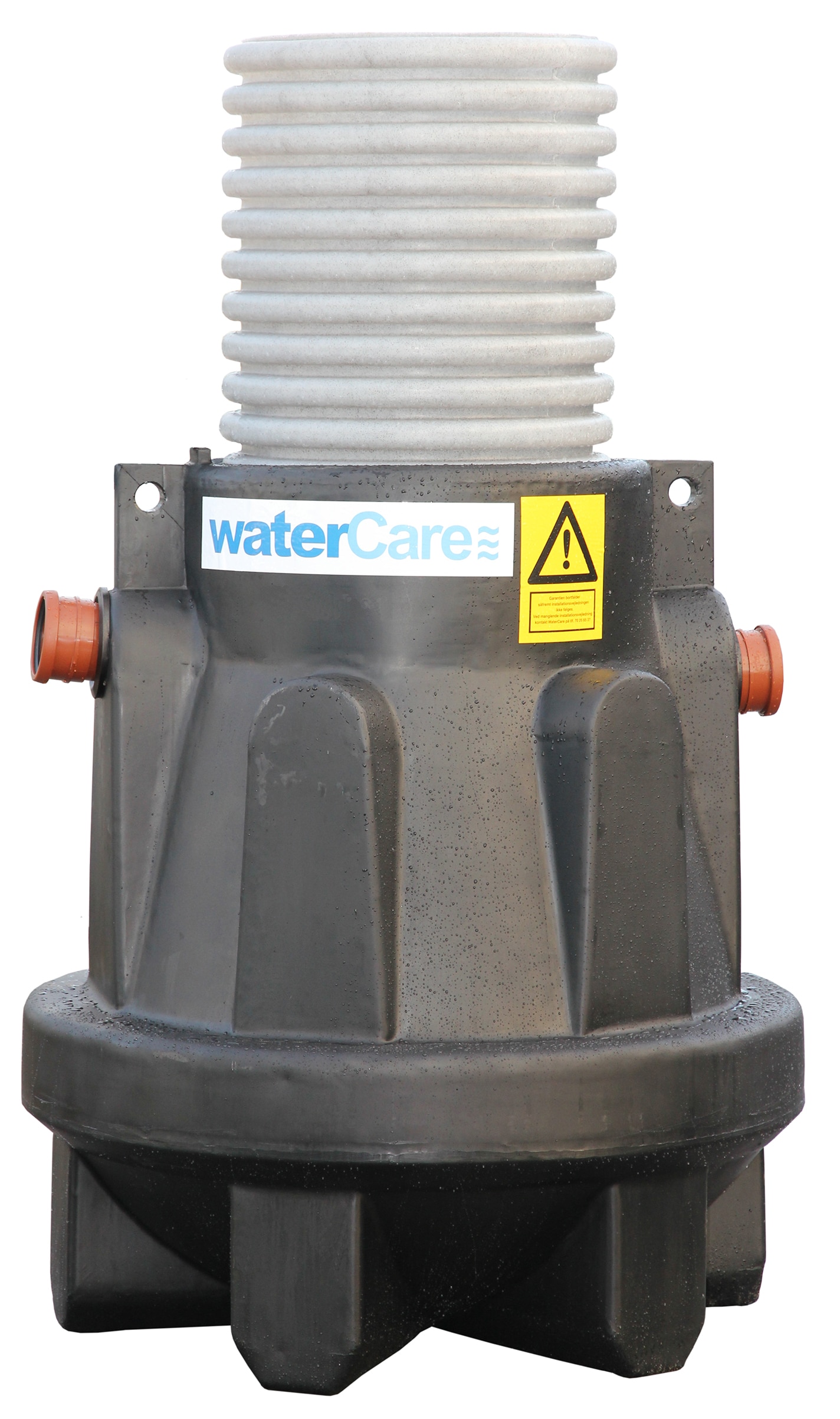 WaterCare water treatment valve with a tall white ribbed column, gray base, two orange inlet/outlet ports, and a yellow warning label on the side.