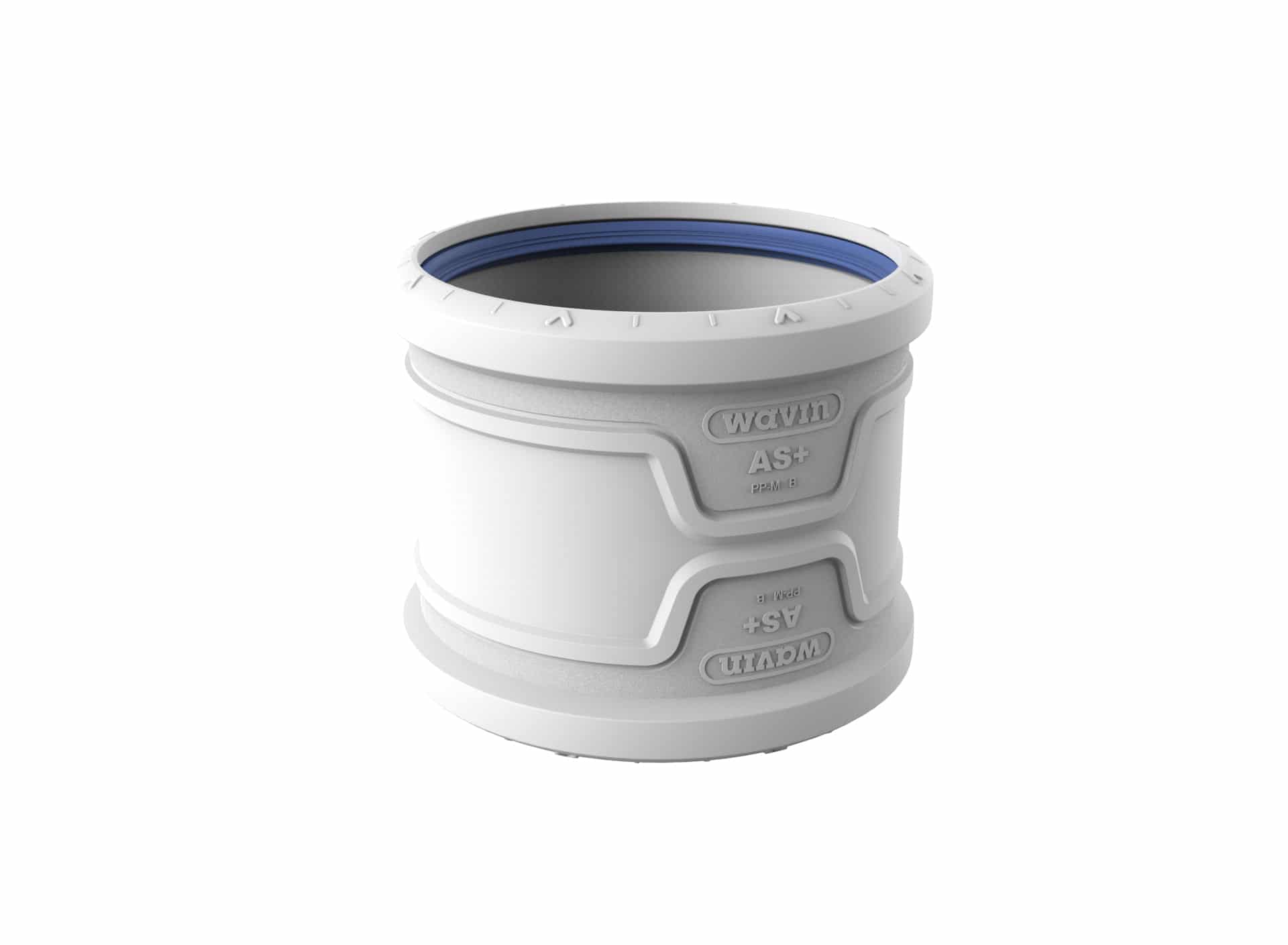 White cylindrical lens adapter with blue inner ring viewed from top, showing brand markings on the side edge