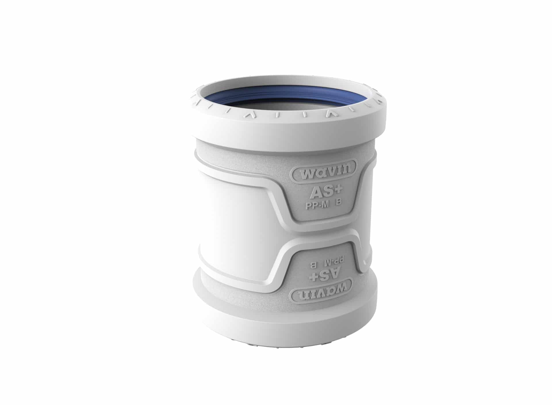 Close-up of a white plastic pipe fitting with a blue inner ring and embossed branding reading 'Wavin AS+ PP-M B'.